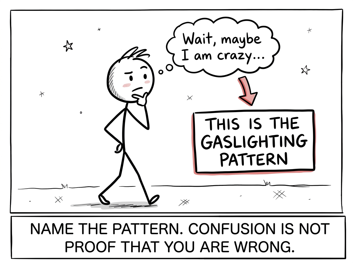 The stick figure noticing the familiar 'maybe I am crazy' thought, pausing and labeling it: 'This is the gaslighting pattern'
