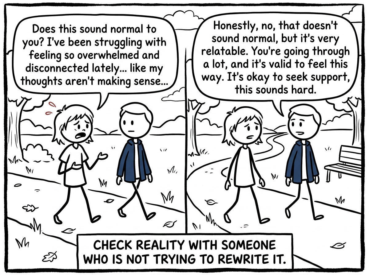 The stick figure talking to a trusted friend, saying 'Does this sound normal to you?' and getting honest outside perspective
