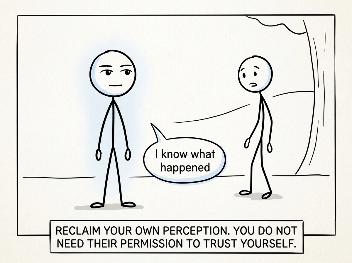 The stick figure standing firm, saying 'I know what happened' calmly, no longer looking to the other person to define what is real