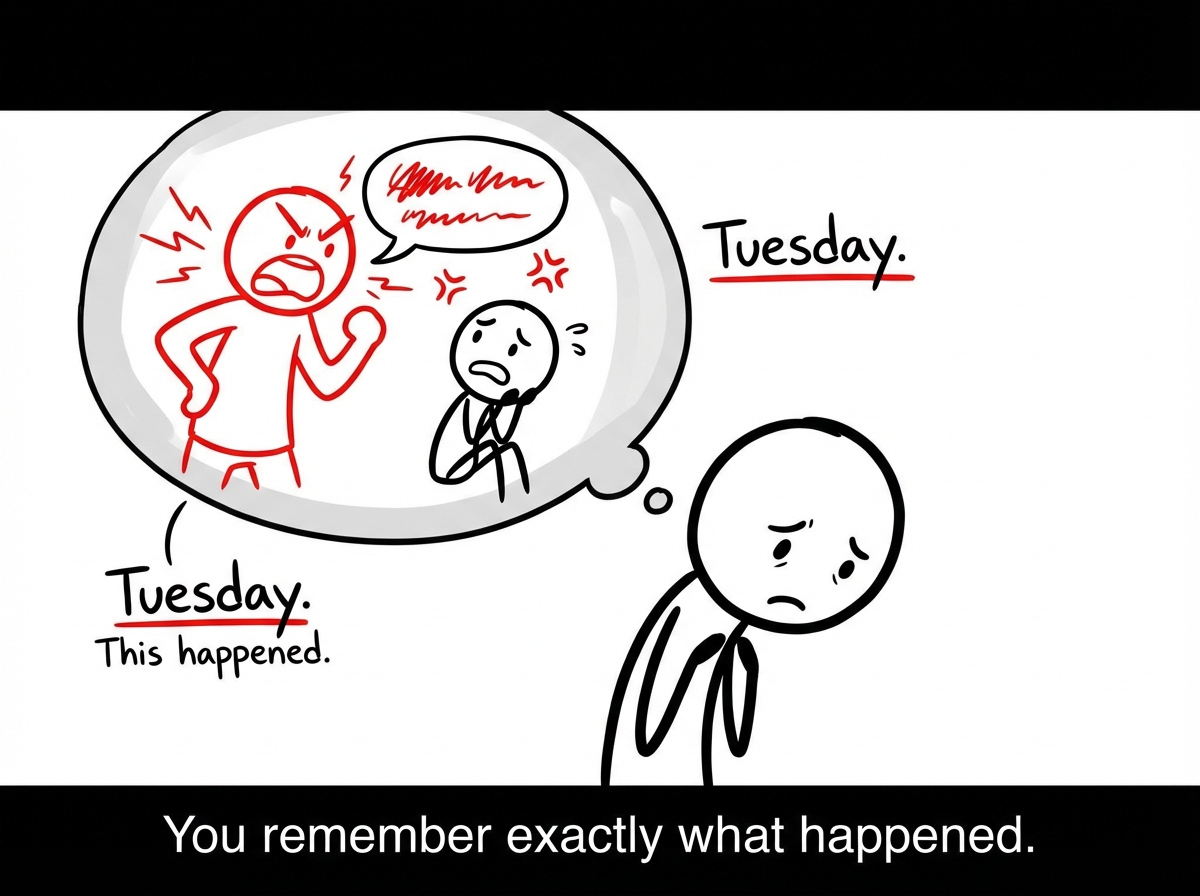 A stick figure with a clear thought bubble showing a memory: another figure yelling at them. The memory is vivid and detailed with a label reading 'Tuesday. This happened.'
