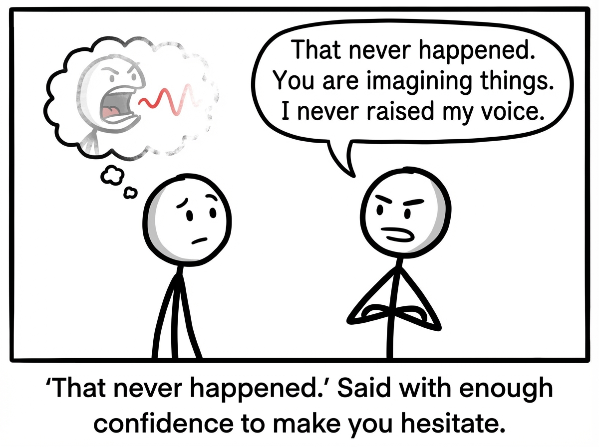 Another stick figure standing with arms crossed, saying confidently 'That never happened. You are imagining things. I never raised my voice.' The first figure's thought bubble begins to flicker and fade