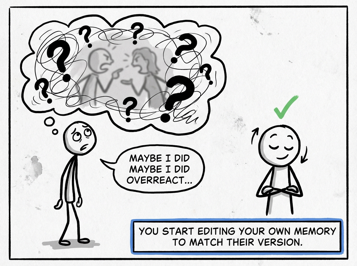 The first figure looking at their own thought bubble, which is now fuzzy and distorted, with question marks replacing details. They are saying 'Maybe I did overreact...' while the other figure nods approvingly