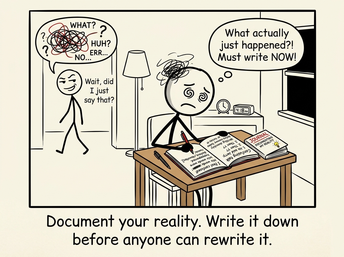 A stick figure opening a journal and writing down exactly what happened immediately after a confusing conversation