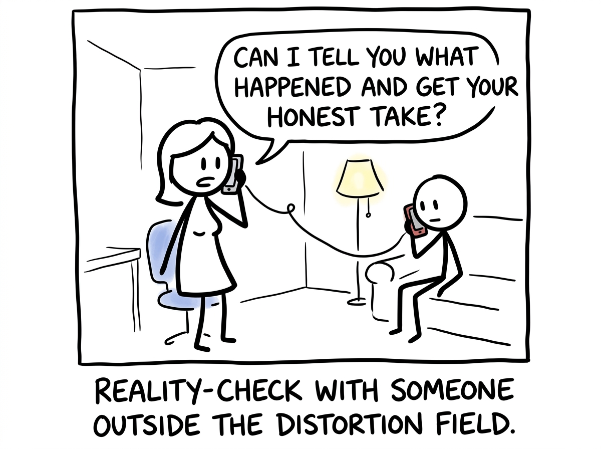 The figure calling a trusted friend and saying 'Can I tell you what happened and get your honest take?'