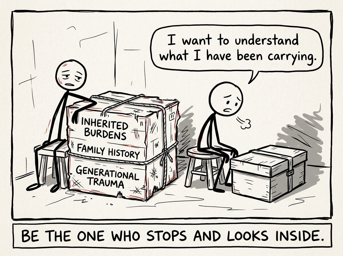 A stick figure holding a heavy inherited box, finally sitting down and saying 'I want to understand what I have been carrying'