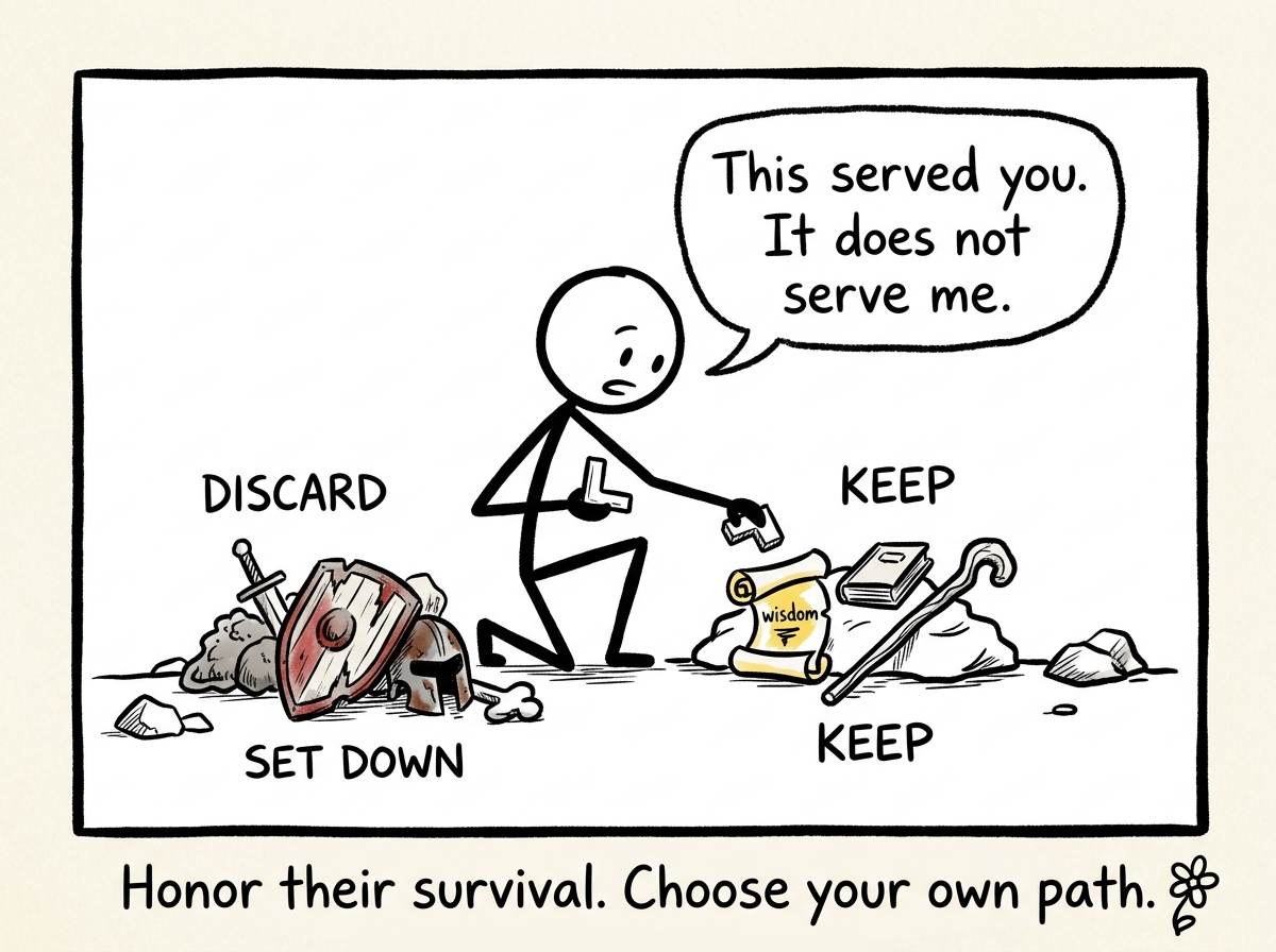 The stick figure carefully choosing which items to keep and which to set down, saying 'This served you. It does not serve me'