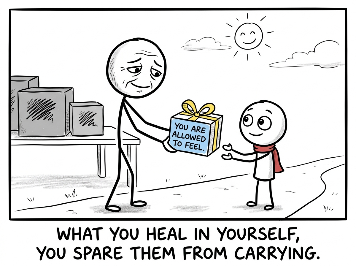 The stick figure handing a much lighter box to the next generation, with a label that reads 'You are allowed to feel'