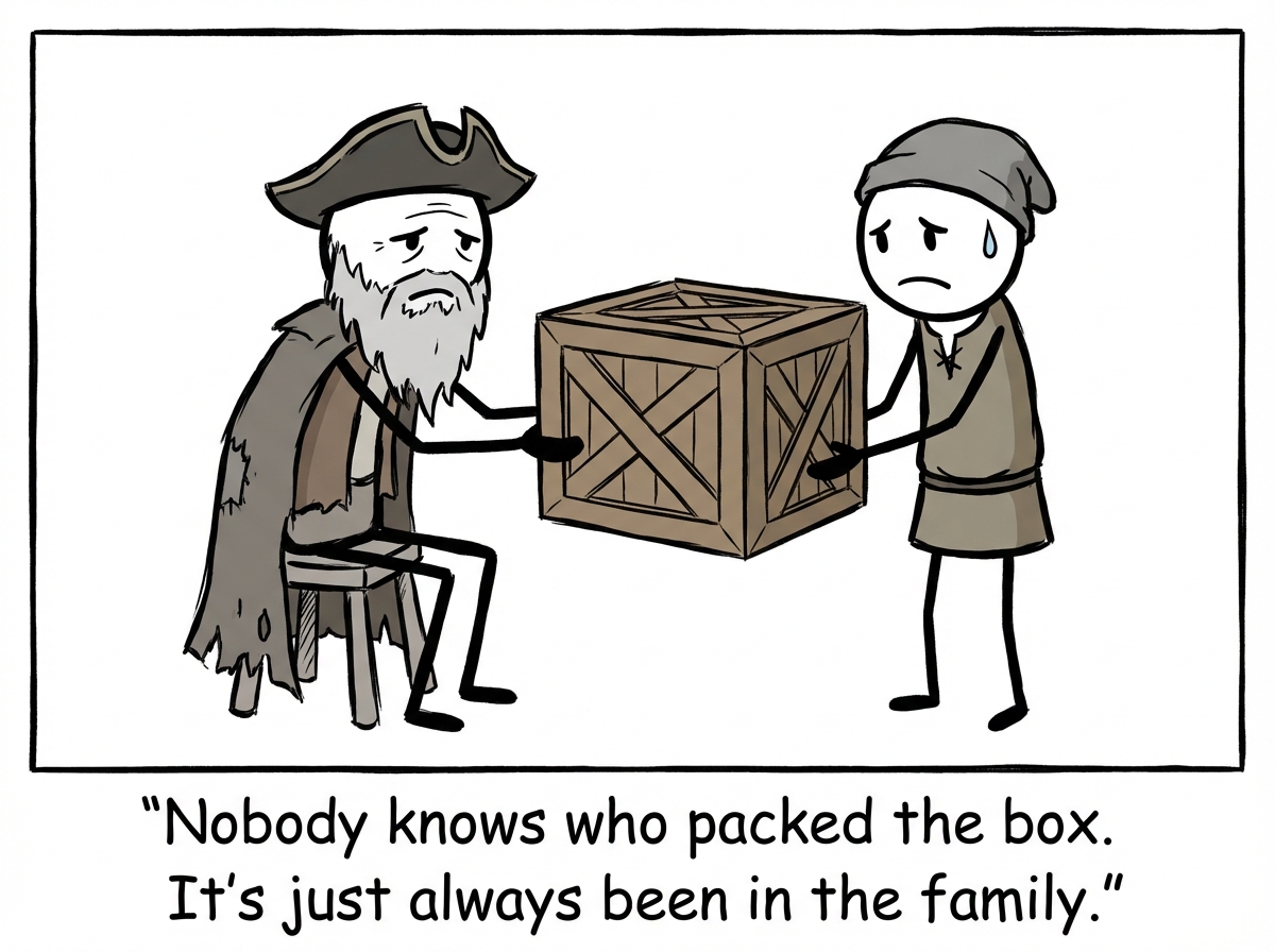 An old stick figure in historical clothing handing a large, heavy, unmarked box to a younger stick figure, both looking solemn