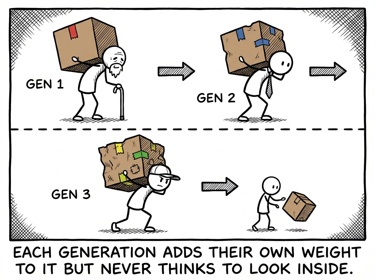 A sequence of three generations of stick figures, each bent under the weight of the same box, passing it to the next, the box accumulating more dents and tape with each handoff