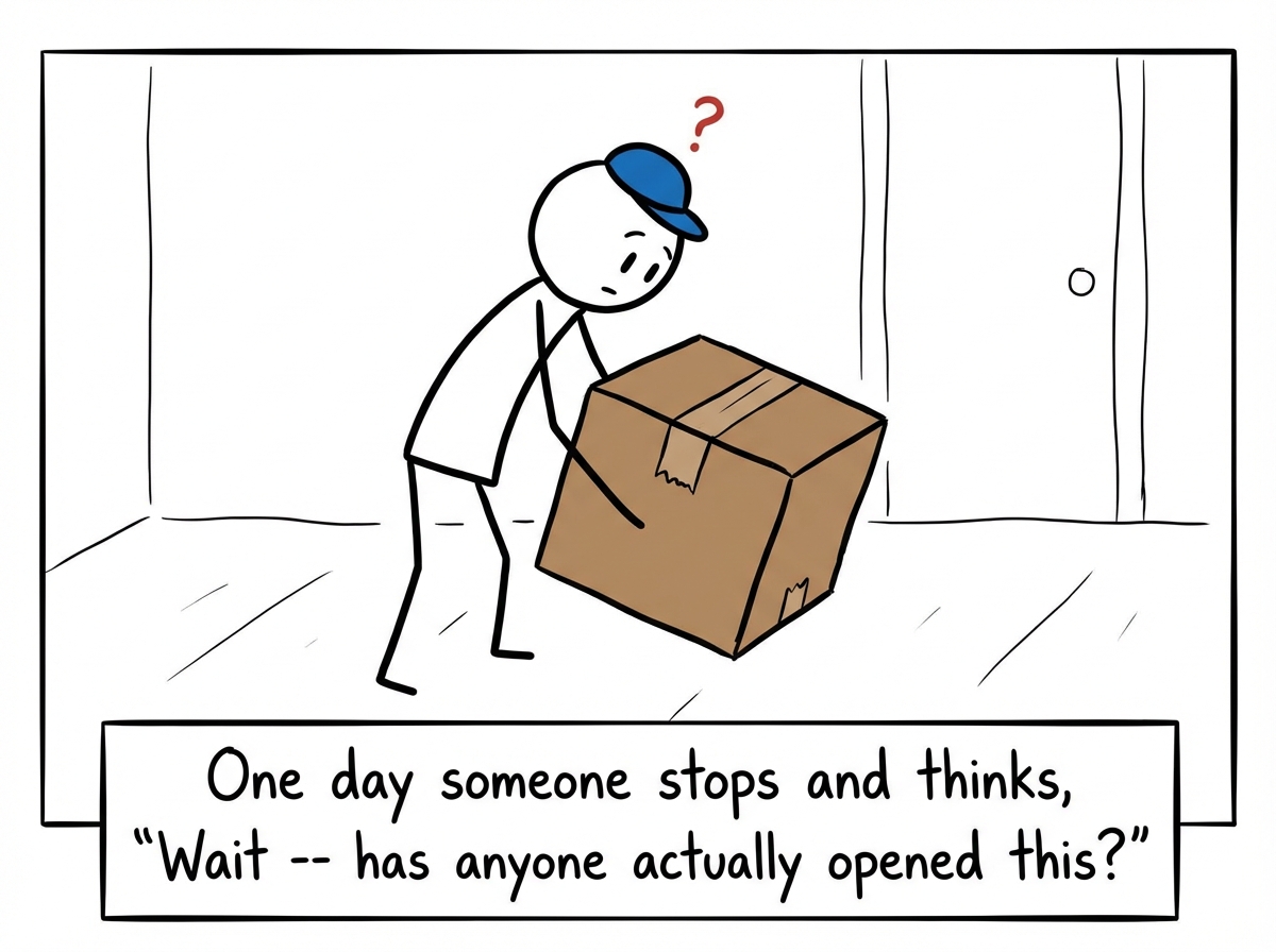 A modern-day stick figure holding the heavy box, looking at it with curiosity for the first time, a small question mark above their head
