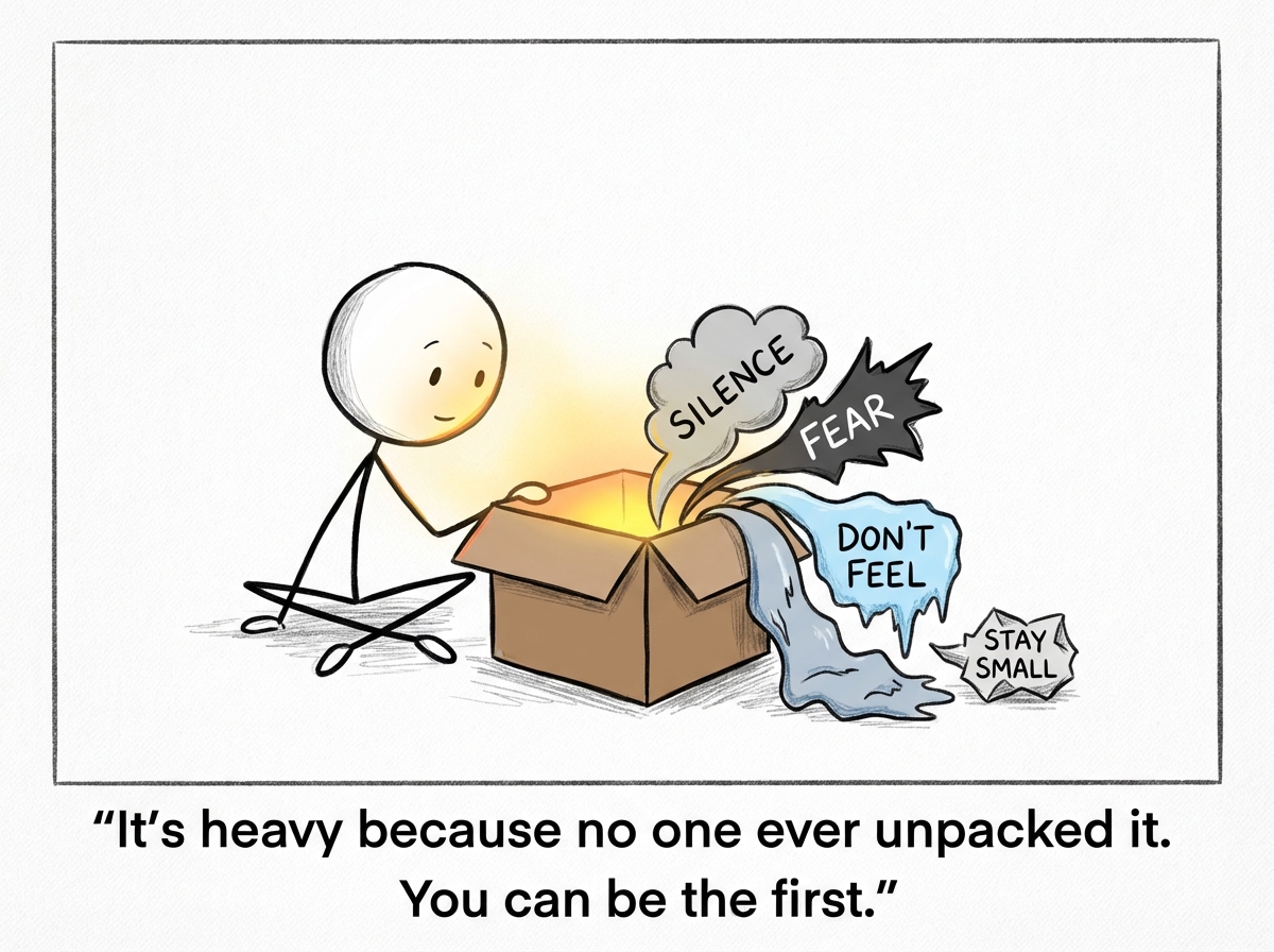 The stick figure sitting on the ground with the box open, various items spilling out labeled 'silence,' 'fear,' 'don't feel,' and 'stay small,' with light coming from inside the box