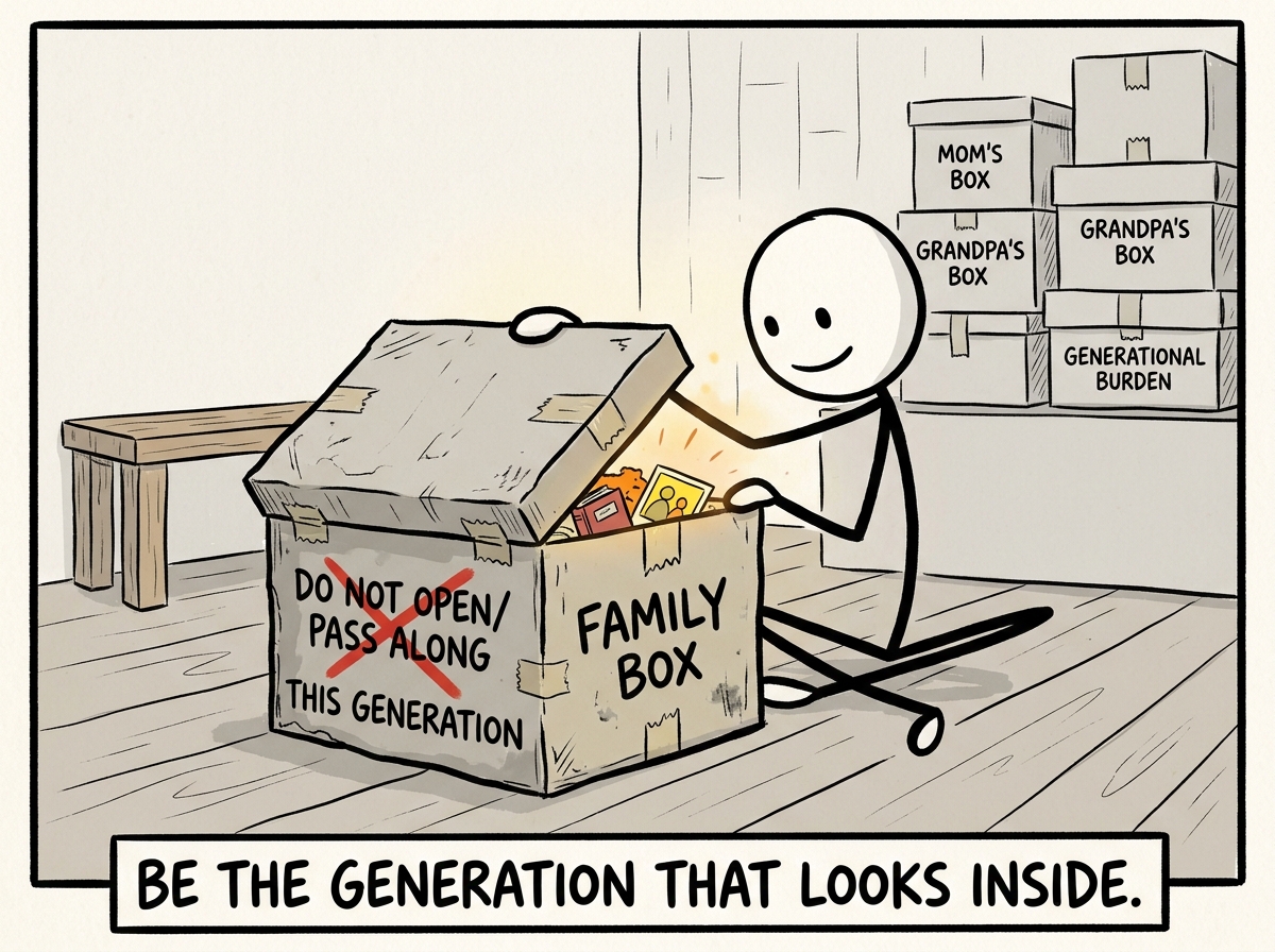 A stick figure sitting with the heavy family box, choosing to open it for the first time instead of passing it along