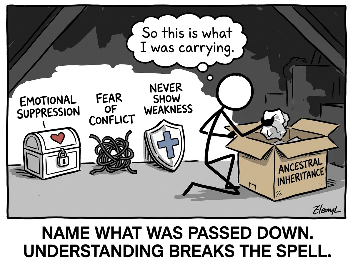 The stick figure pulling items from the box and labeling them: 'emotional suppression,' 'fear of conflict,' 'never show weakness'