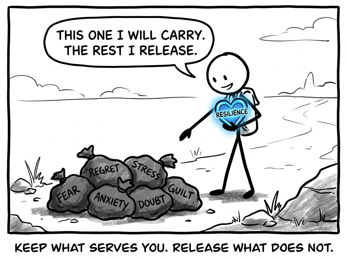 The stick figure keeping one item -- 'resilience' -- and setting the rest down, saying 'This one I will carry. The rest I release'