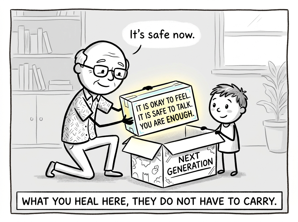 The stick figure packing a lighter box for the next generation, labeled 'It is okay to feel. It is safe to talk. You are enough'