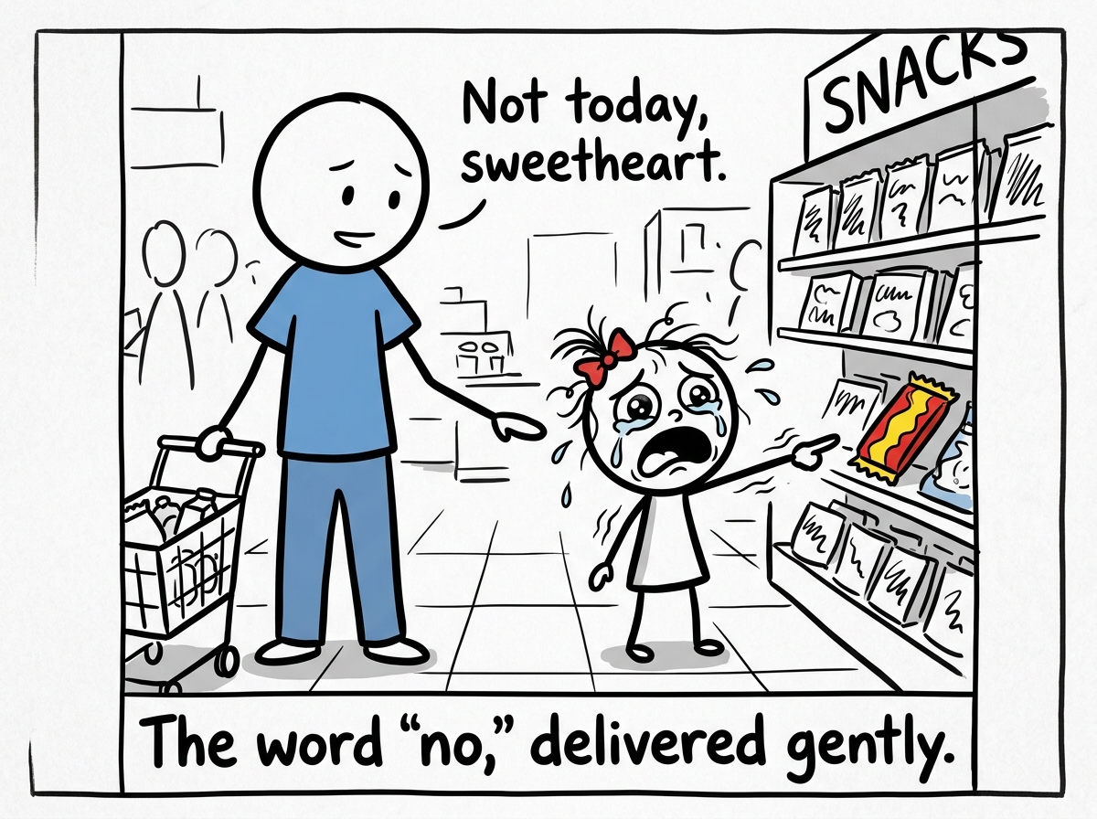 A parent and toddler in a grocery store aisle. The toddler points at a candy bar with wide desperate eyes. The parent calmly says 'Not today, sweetheart.' The toddler's face begins to crumble
