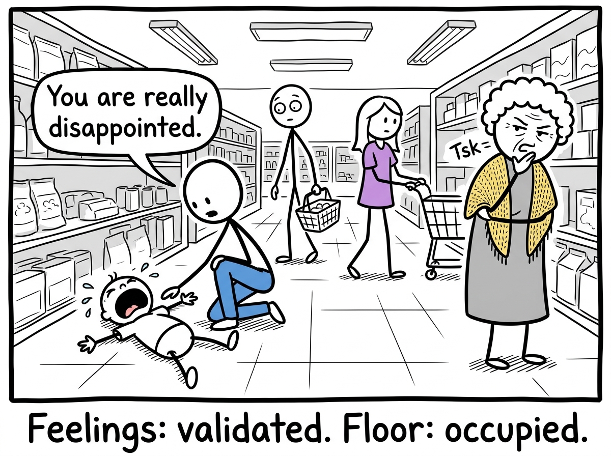 The toddler is now flat on the grocery store floor, full starfish position, screaming. Other shoppers freeze mid-step, staring. One elderly woman shakes her head disapprovingly. The parent kneels down and says 'You are really disappointed'