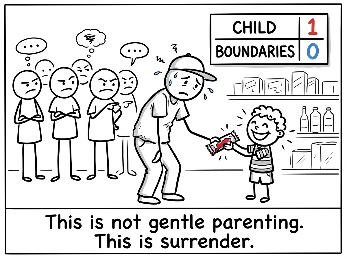 The parent, now sweating under the judgment of six onlookers, hands the candy bar to the child with a defeated expression. The child immediately stops crying and grins. A scoreboard appears: Child 1, Boundaries 0