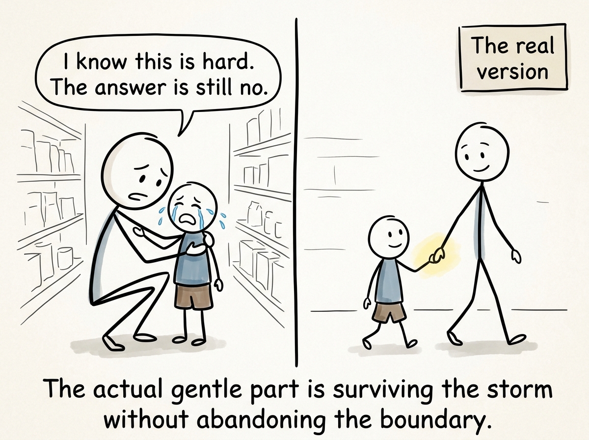 A split panel: on the left, the same scene but the parent holds the child through the crying without giving in, saying 'I know this is hard. The answer is still no.' On the right, the child is calm five minutes later, holding the parent's hand. A small sign reads 'The real version'