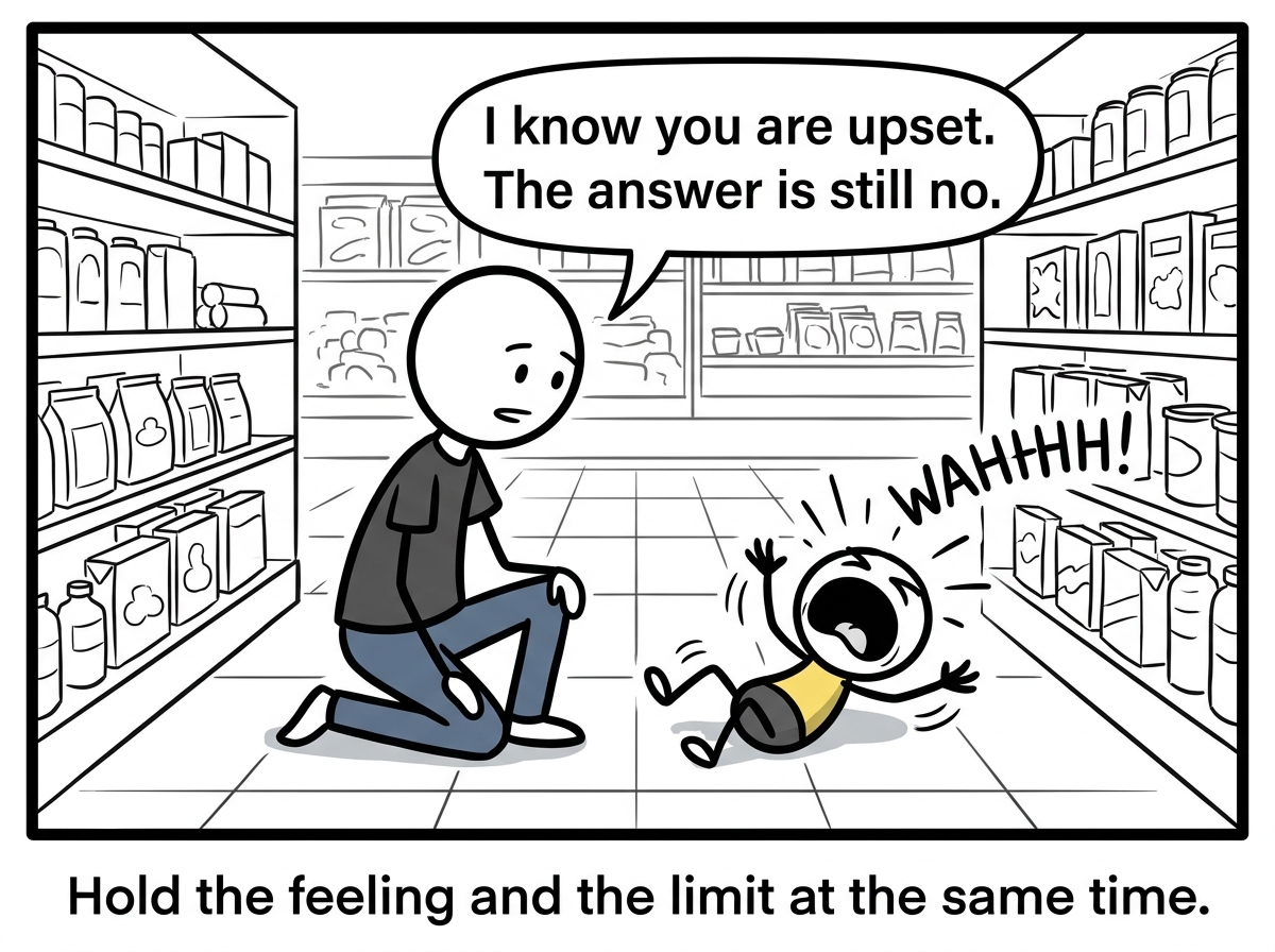 A stick figure parent kneeling on the grocery store floor next to a screaming child, saying 'I know you are upset. The answer is still no'