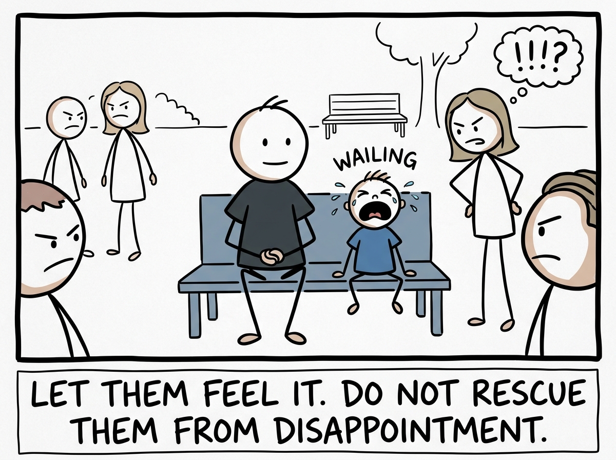 The parent sitting calmly beside the wailing child, ignoring the judgmental stares, not caving and not punishing
