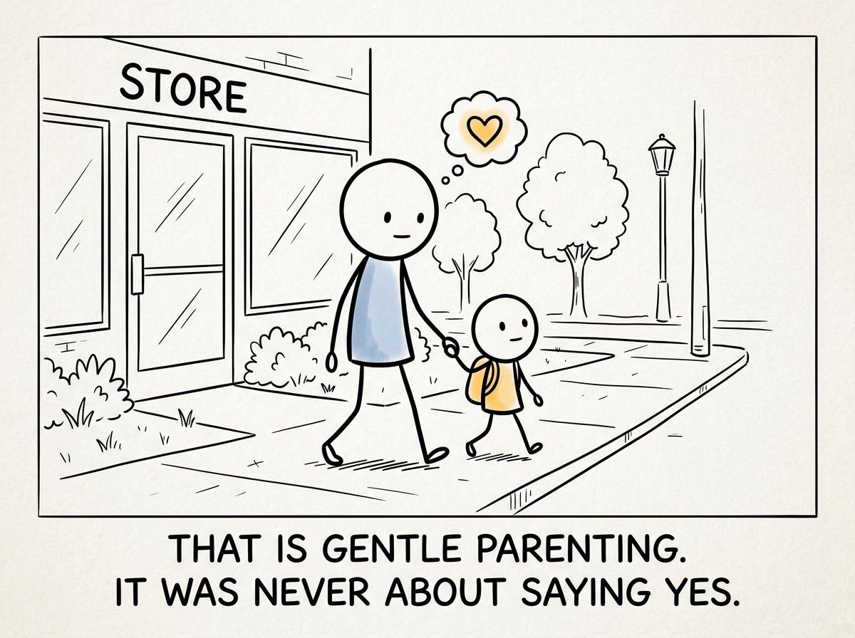 The child holding the parent's hand five minutes later, calm, walking out of the store with the boundary intact