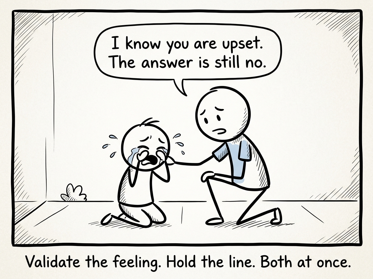 A stick figure parent kneeling beside a crying child, saying 'I know you are upset. The answer is still no.' The boundary and the empathy coexist