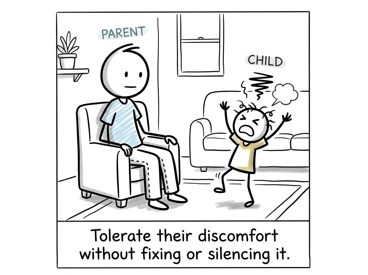 The parent sitting calmly while the child protests, not caving and not punishing, just present