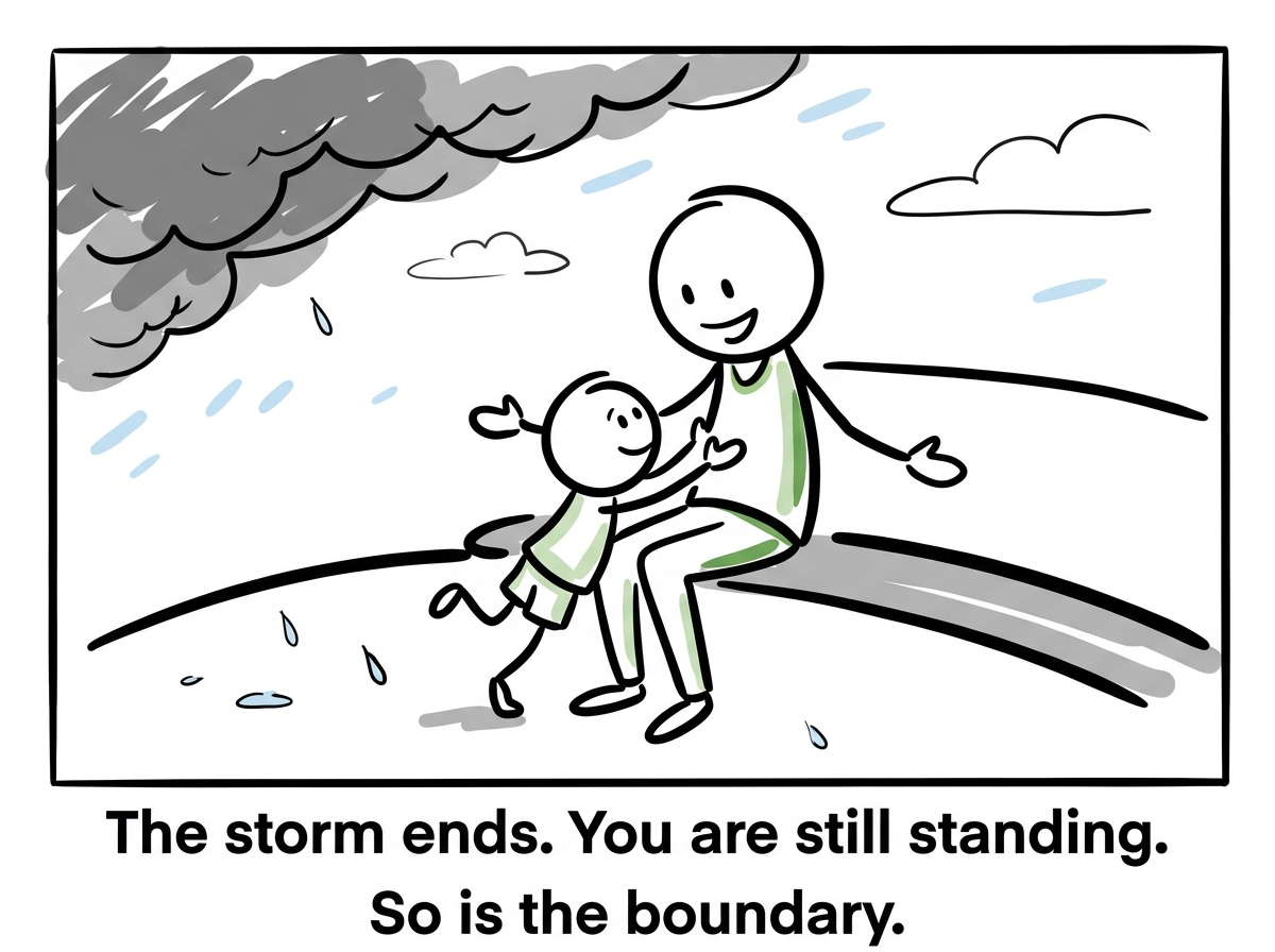 The child's storm passing, the parent still there, calm and close, the child climbing into their lap