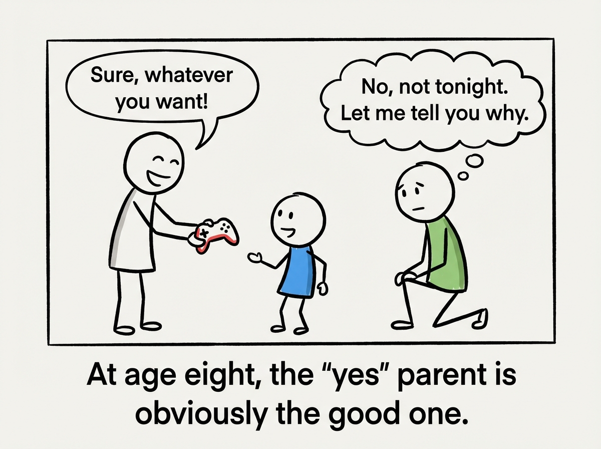 A child standing in front of two parents. One parent smiles and hands over a video game controller saying 'Sure, whatever you want!' The other parent kneels down and says 'No, not tonight. Let me tell you why.' The child turns toward the easy yes