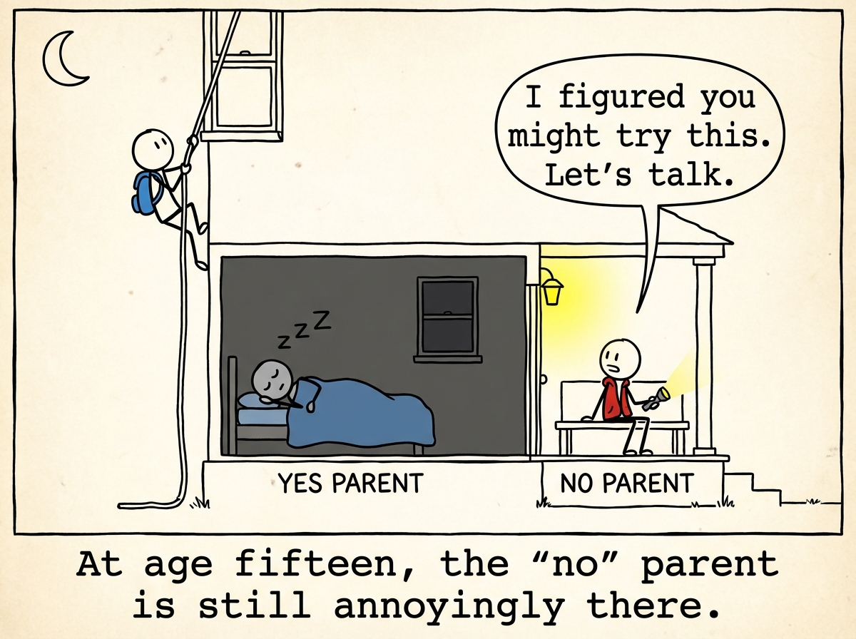 A teenager sneaking out of a window at night. The 'yes' parent is asleep. The 'no' parent is sitting on the porch, waiting, not angry but present. A speech bubble says 'I figured you might try this. Let's talk'