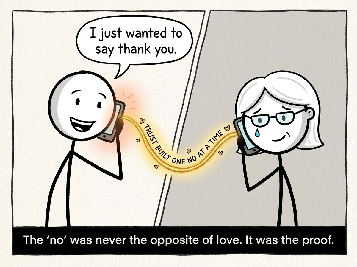 The now-adult calling the 'no' parent on the phone, smiling. A speech bubble reads 'I just wanted to say thank you.' The parent on the other end tears up. Between them, a glowing thread connects them, labeled 'trust built one no at a time'