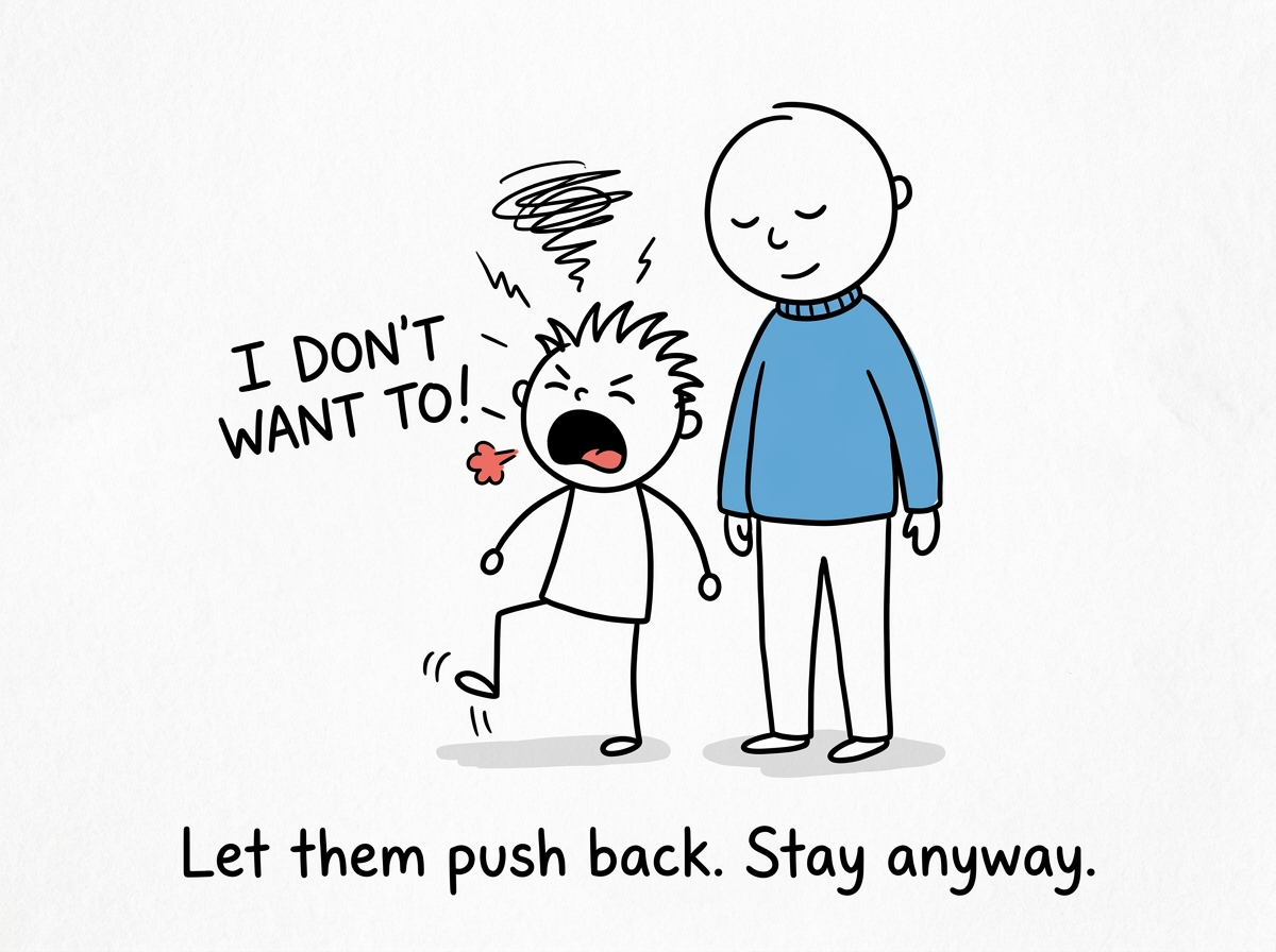 The child protesting and the parent staying close, not arguing, not caving, just present and calm
