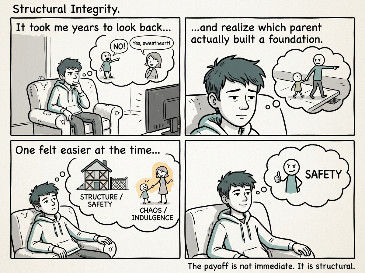 The child, years later as a teenager, thinking back and realizing the 'no' parent was the one who felt safest