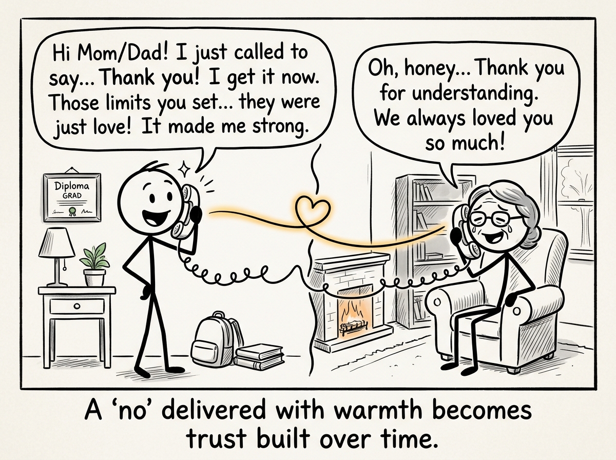 The grown child calling the parent to say 'Thank you' -- understanding now that the limits were the love