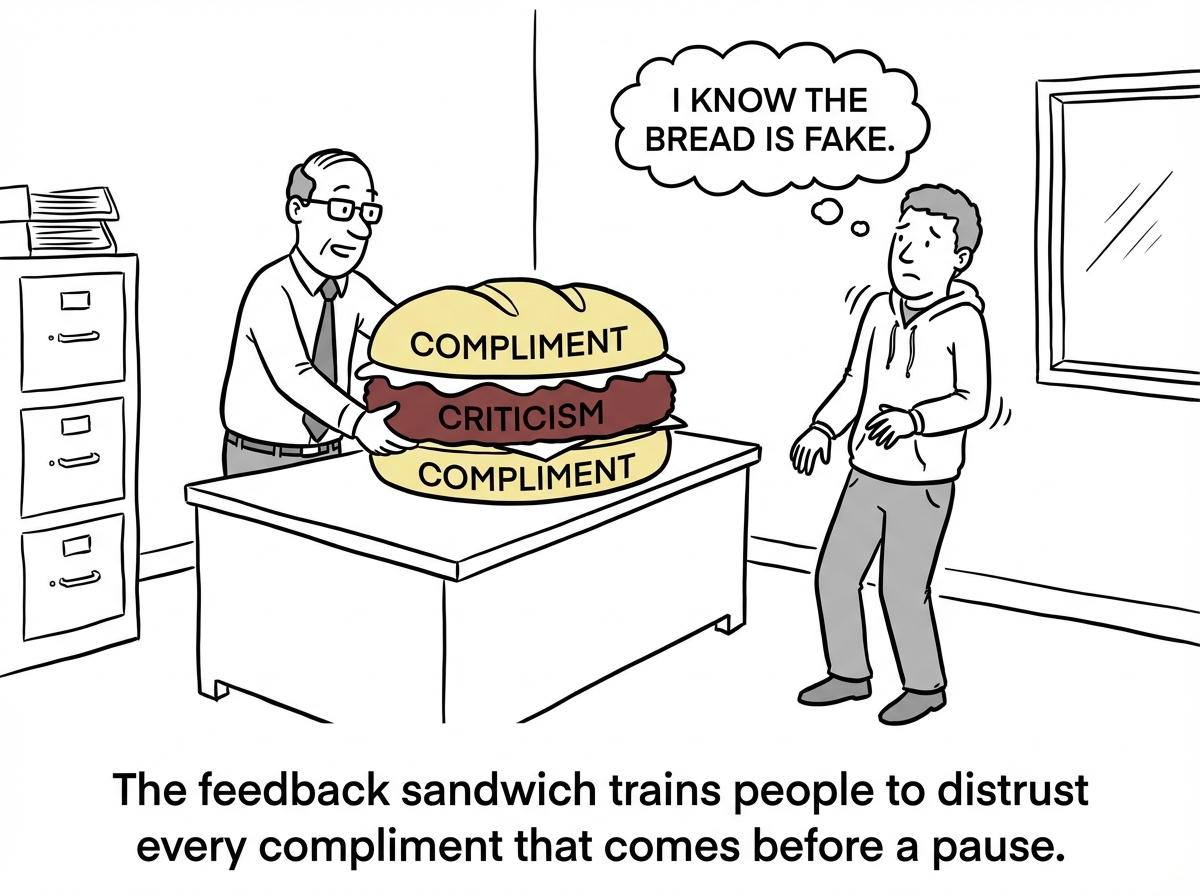 A manager assembling a feedback sandwich: compliment bread, criticism meat, compliment bread. The employee is already bracing and thinking 'I know the bread is fake.'