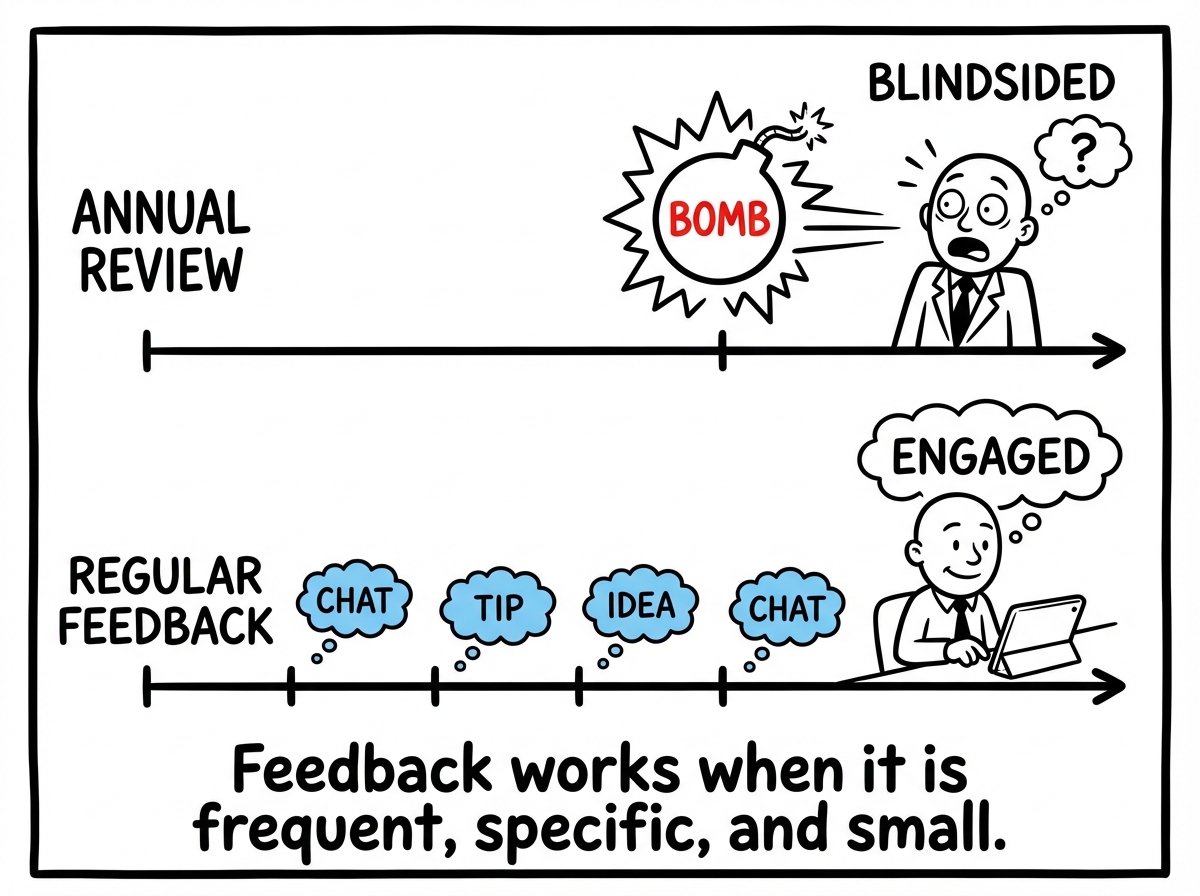 Two timelines: one showing a single annual review bomb, the other showing regular small conversations throughout the year. The annual review person looks blindsided. The regular feedback person looks calm.