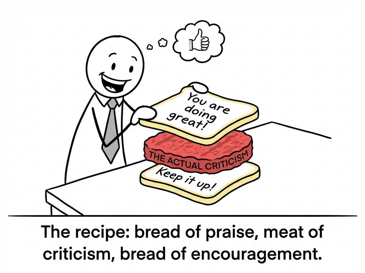 A manager assembling a literal sandwich: a slice of bread labeled 'You are doing great!', a thick slab of meat labeled 'THE ACTUAL CRITICISM', and another slice of bread labeled 'Keep it up!' The manager looks proud of this construction.