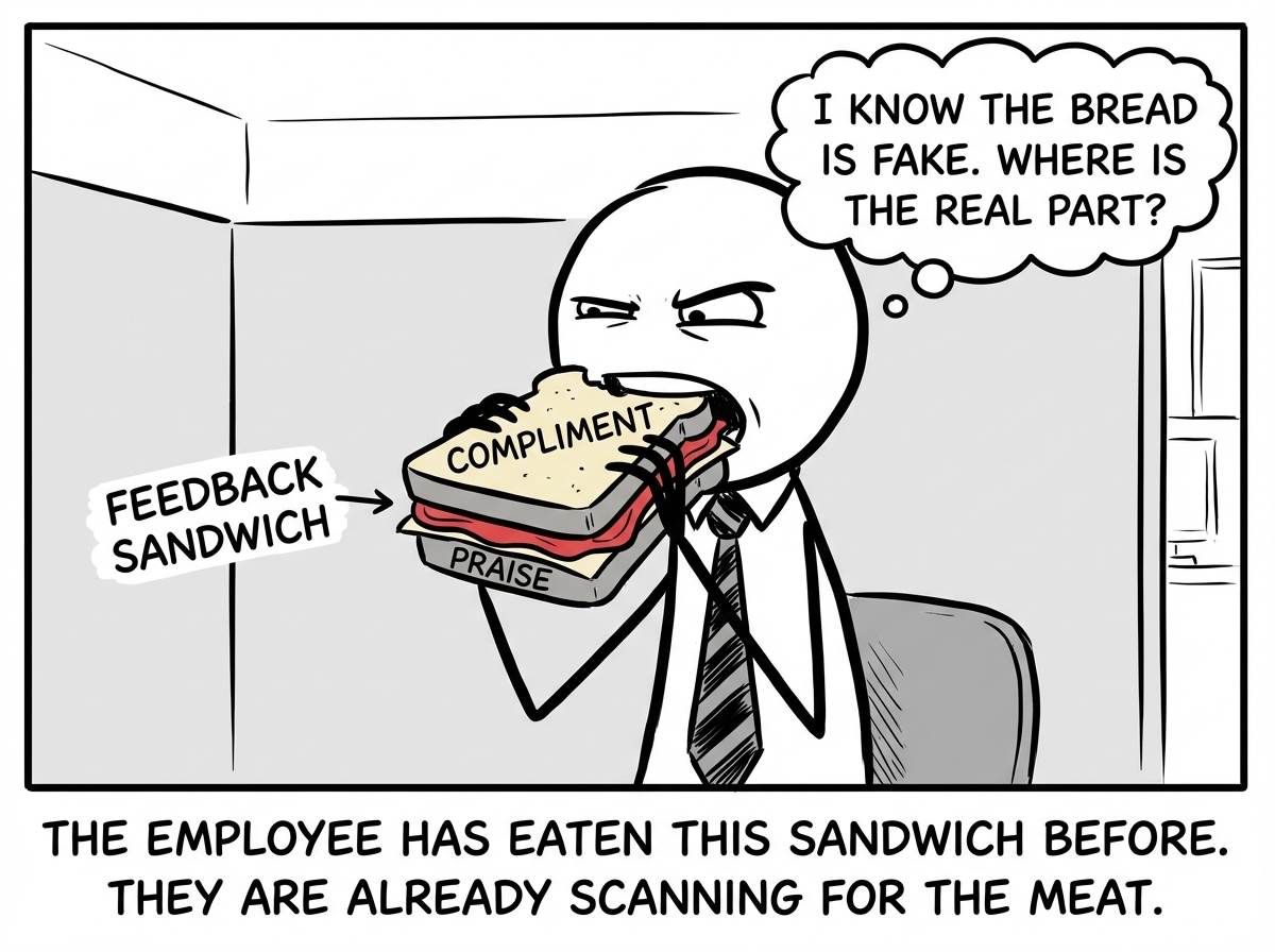 The employee takes a bite. Their thought bubble shows: 'I know the bread is fake. Where is the real part?' They are scanning for the criticism, unable to enjoy or believe the compliment.