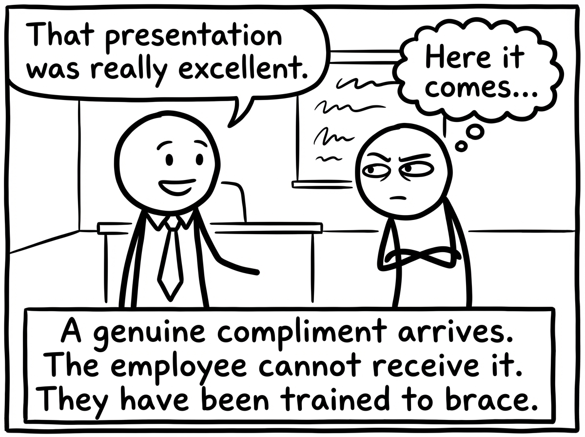 Weeks later. The manager gives a genuine, standalone compliment: 'That presentation was really excellent.' The employee's eyes narrow. Thought bubble: 'Here it comes...' They brace for the criticism that is not coming.