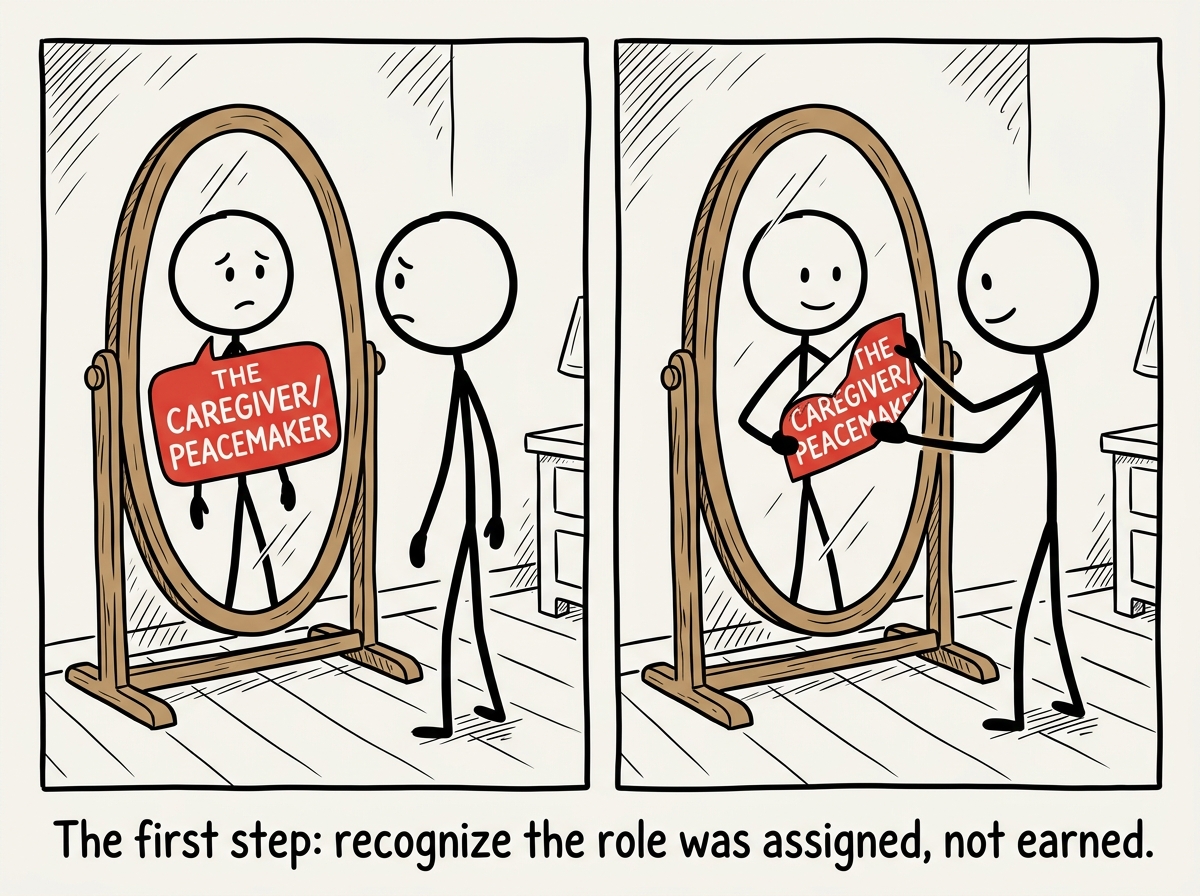 A stick figure looking at their reflection and seeing their family role label instead of their real self, then peeling the label off