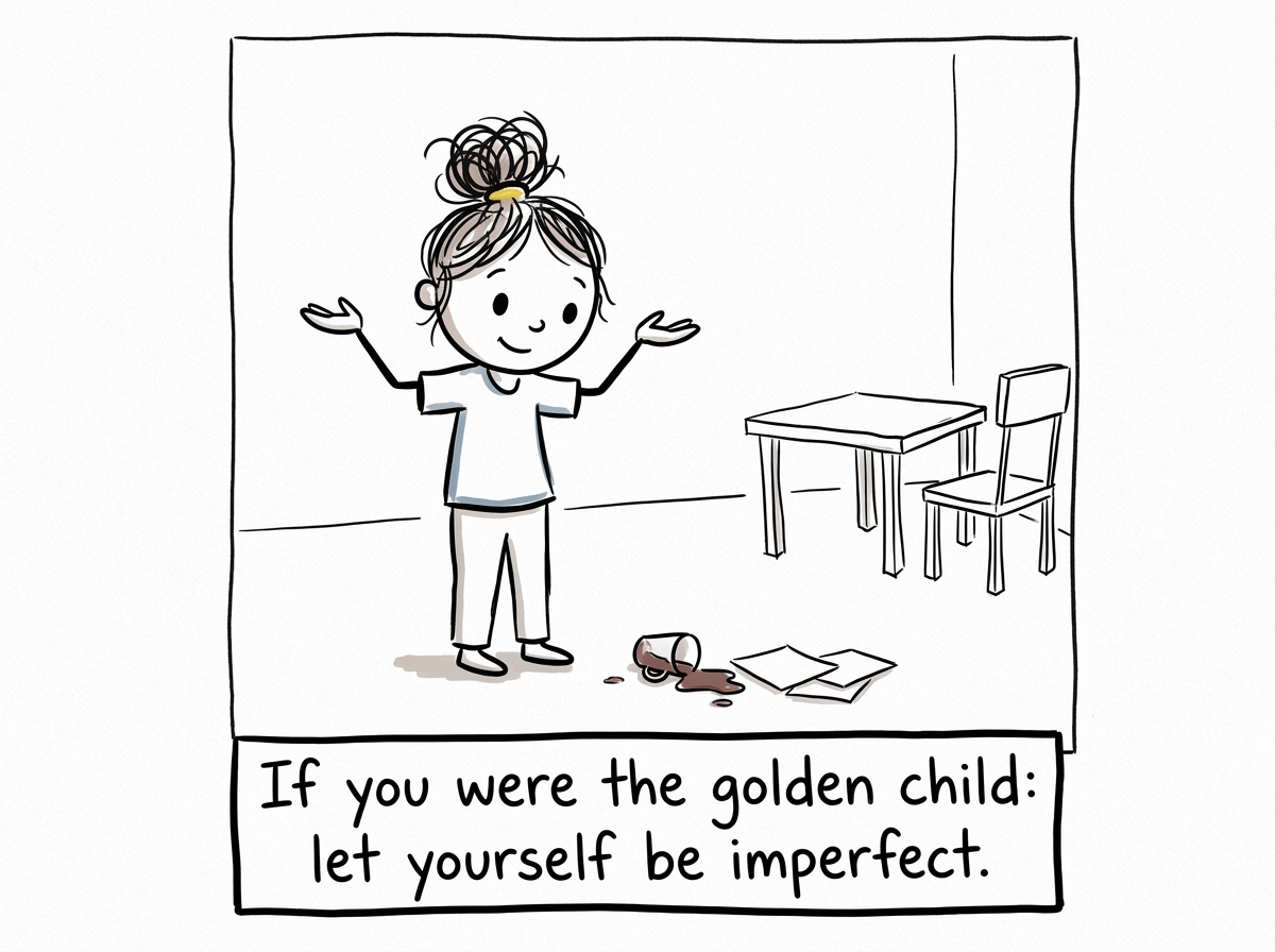 The golden child allowing themselves to fail at something small without panic, hands open