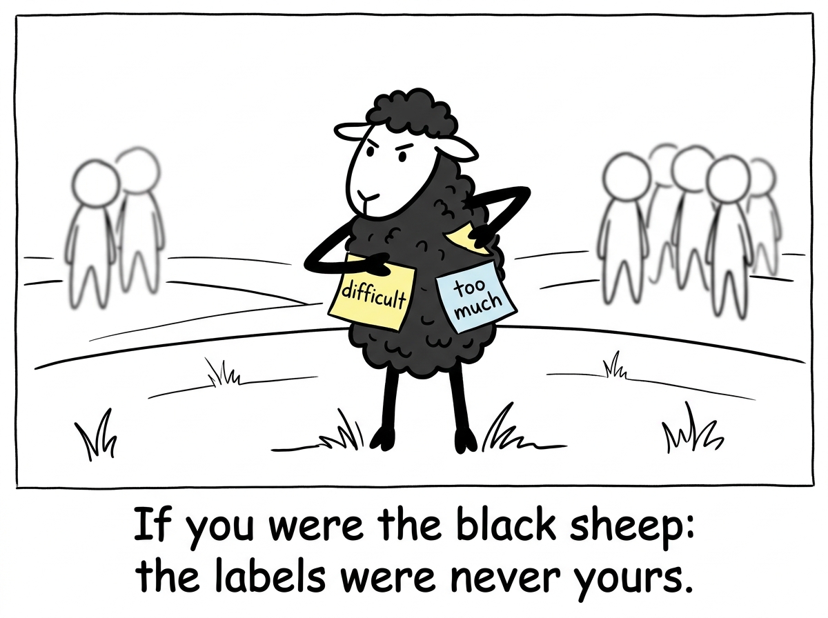The black sheep standing tall, removing sticky notes labeled 'difficult' and 'too much' from their body