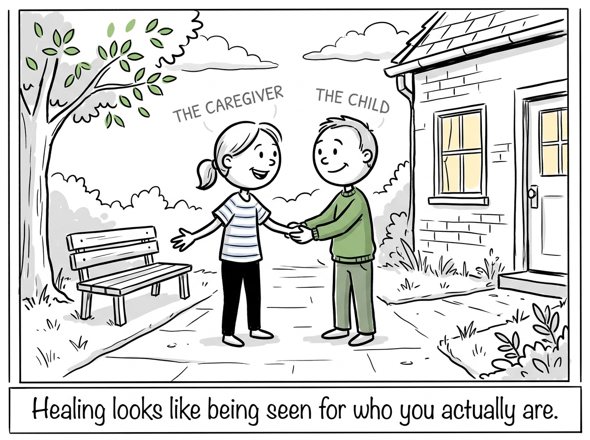 Both siblings meeting at eye level, outside their old roles, seeing each other as whole people for the first time