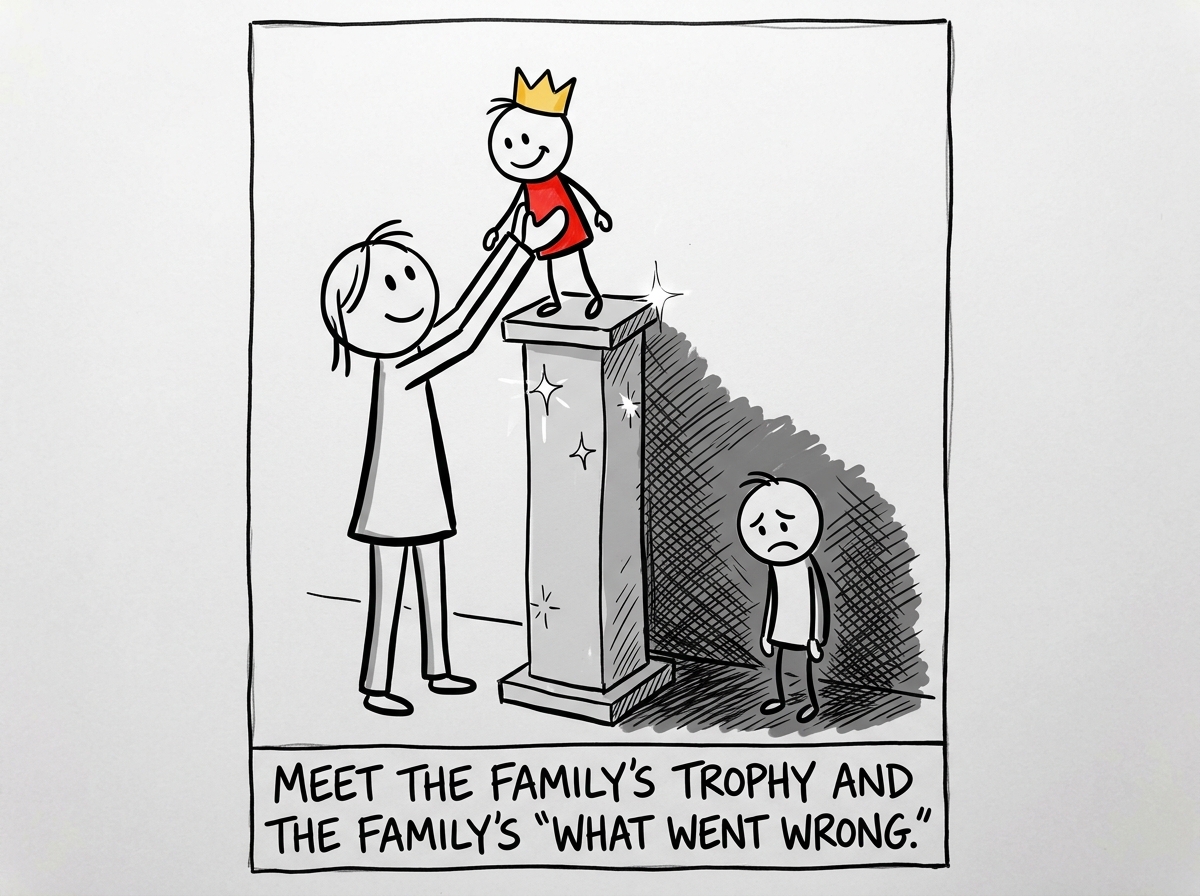 A stick figure parent placing one child on a tall shiny pedestal while the other child stands below, cast in the pedestal's shadow