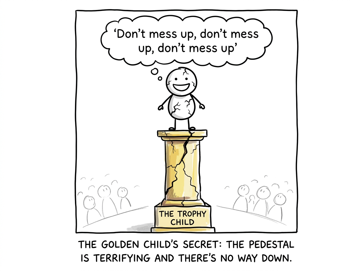The trophy child on the pedestal, polished and smiling, but with visible cracks and a thought bubble reading 'Don't mess up, don't mess up, don't mess up'