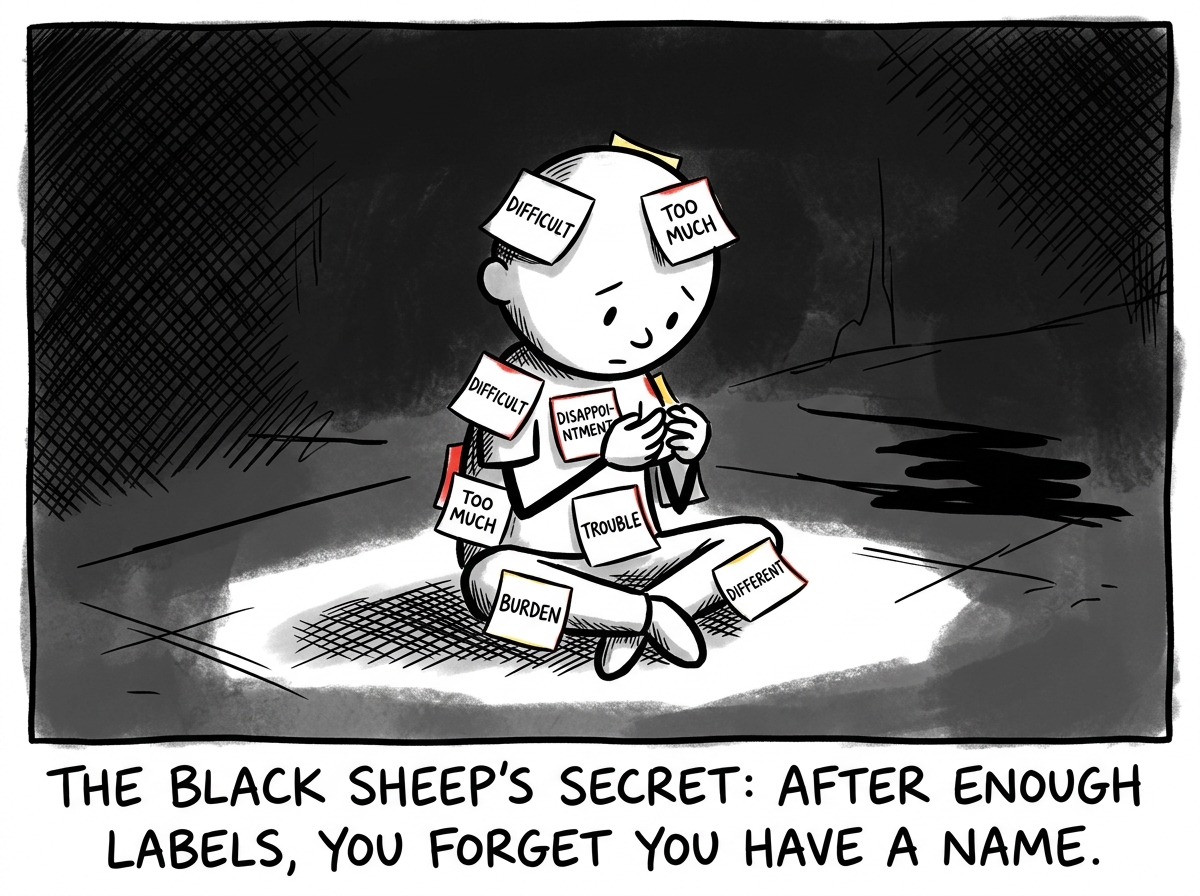 The shadow child sitting on the ground in the dark, covered in sticky notes labeled 'difficult,' 'disappointment,' 'too much,' looking at their own hands