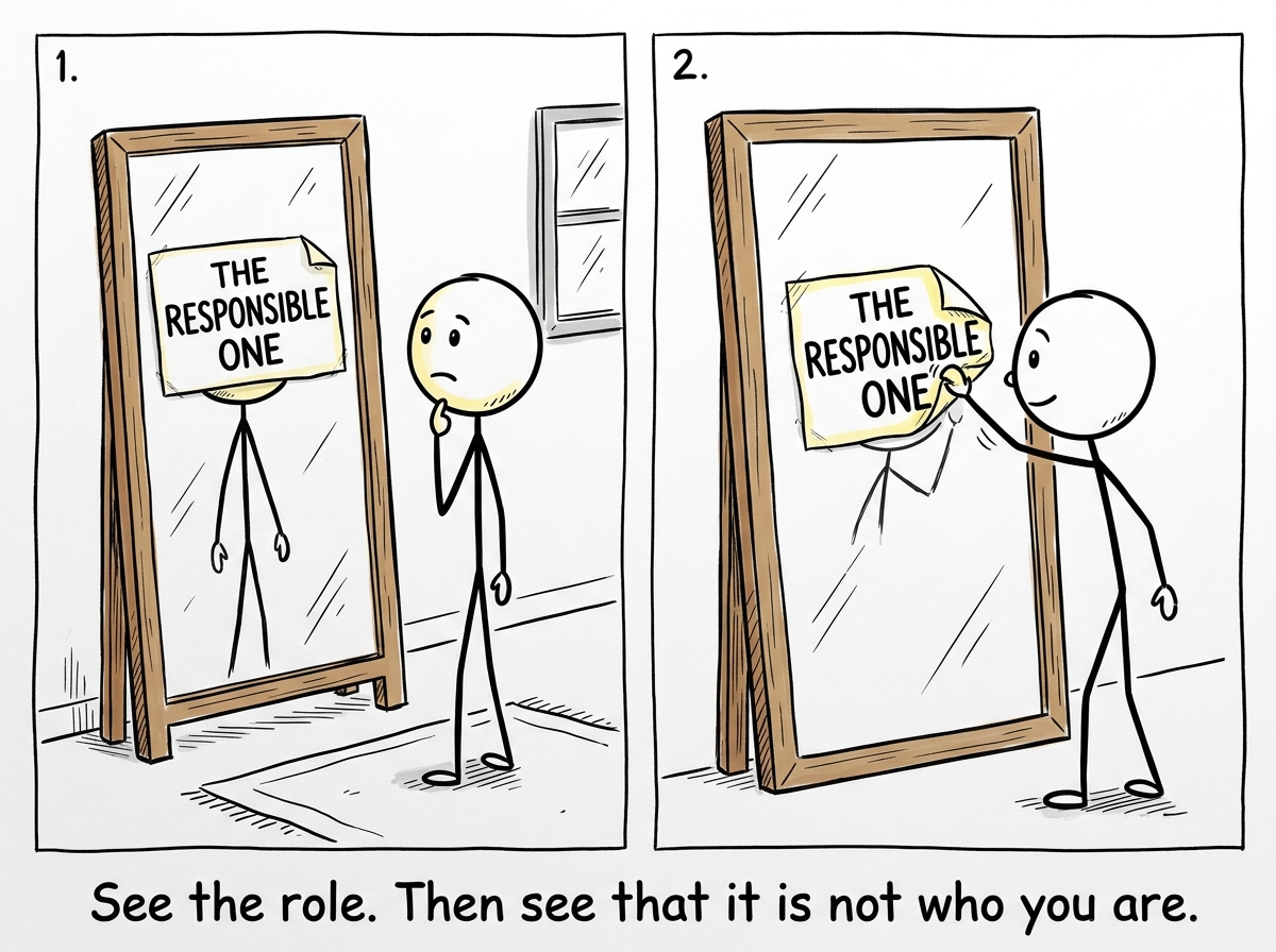 A stick figure looking in a mirror and seeing their family role label instead of their face, then reaching up to peel it off
