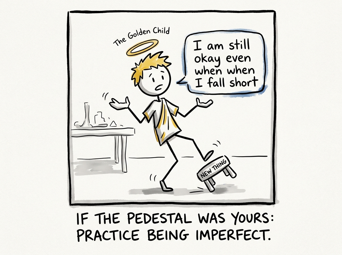 The golden child deliberately trying something new and failing, hands open, whispering 'I am still okay even when I fall short'