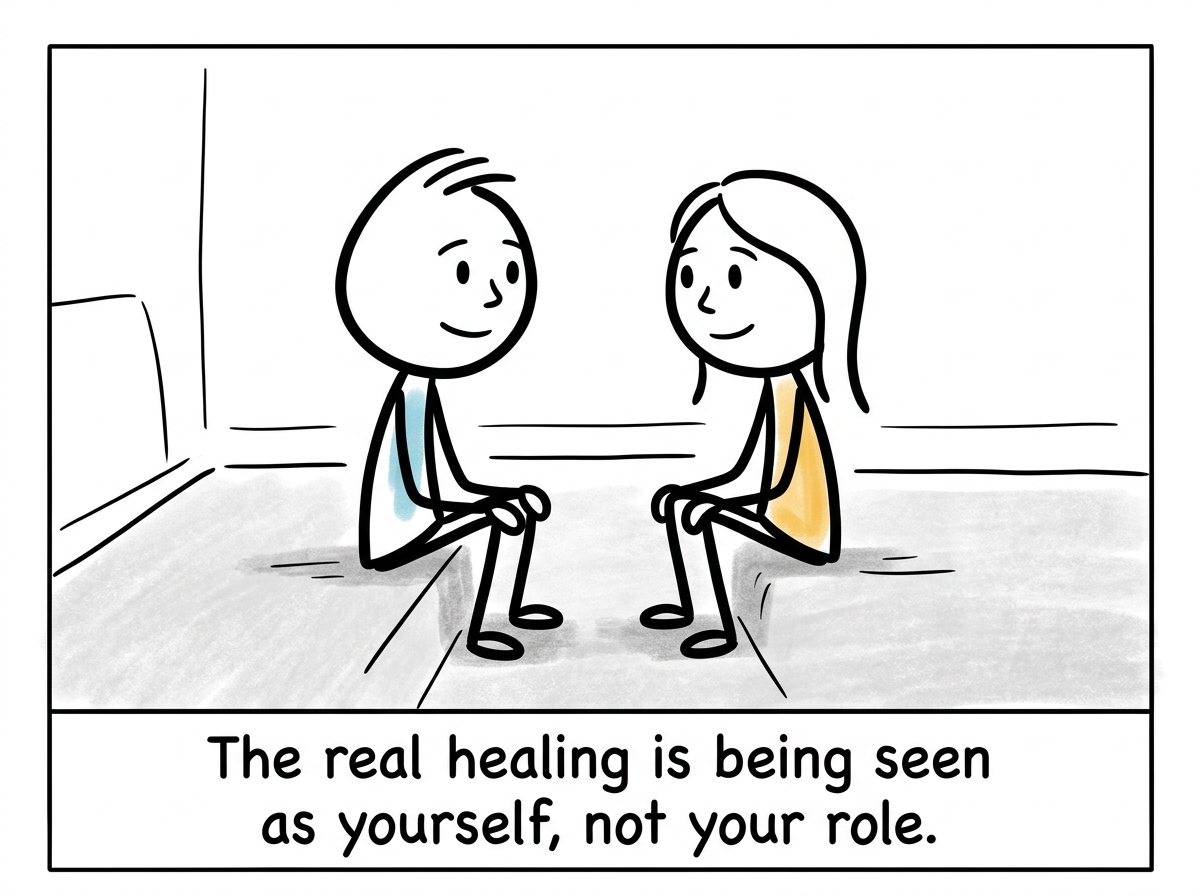Both siblings sitting together at eye level, seeing each other clearly for the first time, no pedestal and no shadow